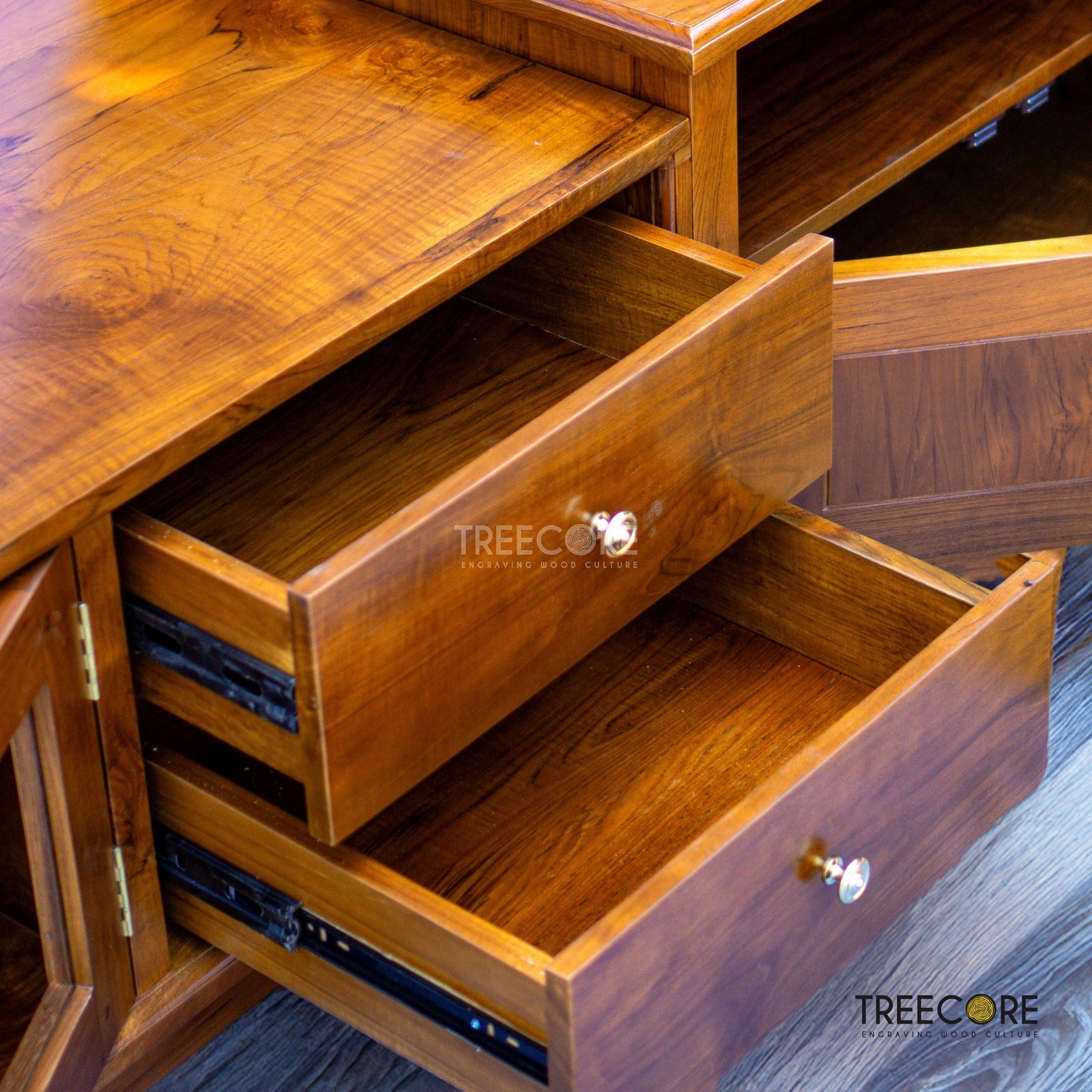 Spacious Wooden TV Table with Multiple Storage Drawers and Elegant Design