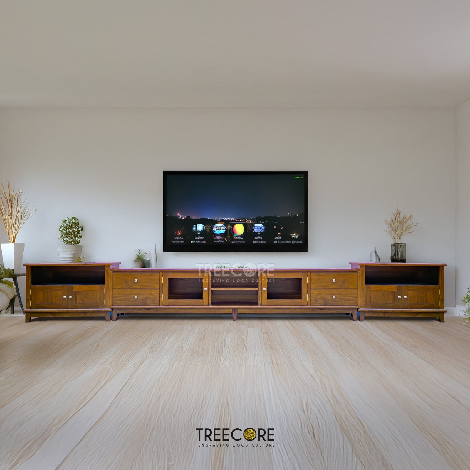 Spacious Wooden TV Table with Multiple Storage Drawers and Elegant Design
