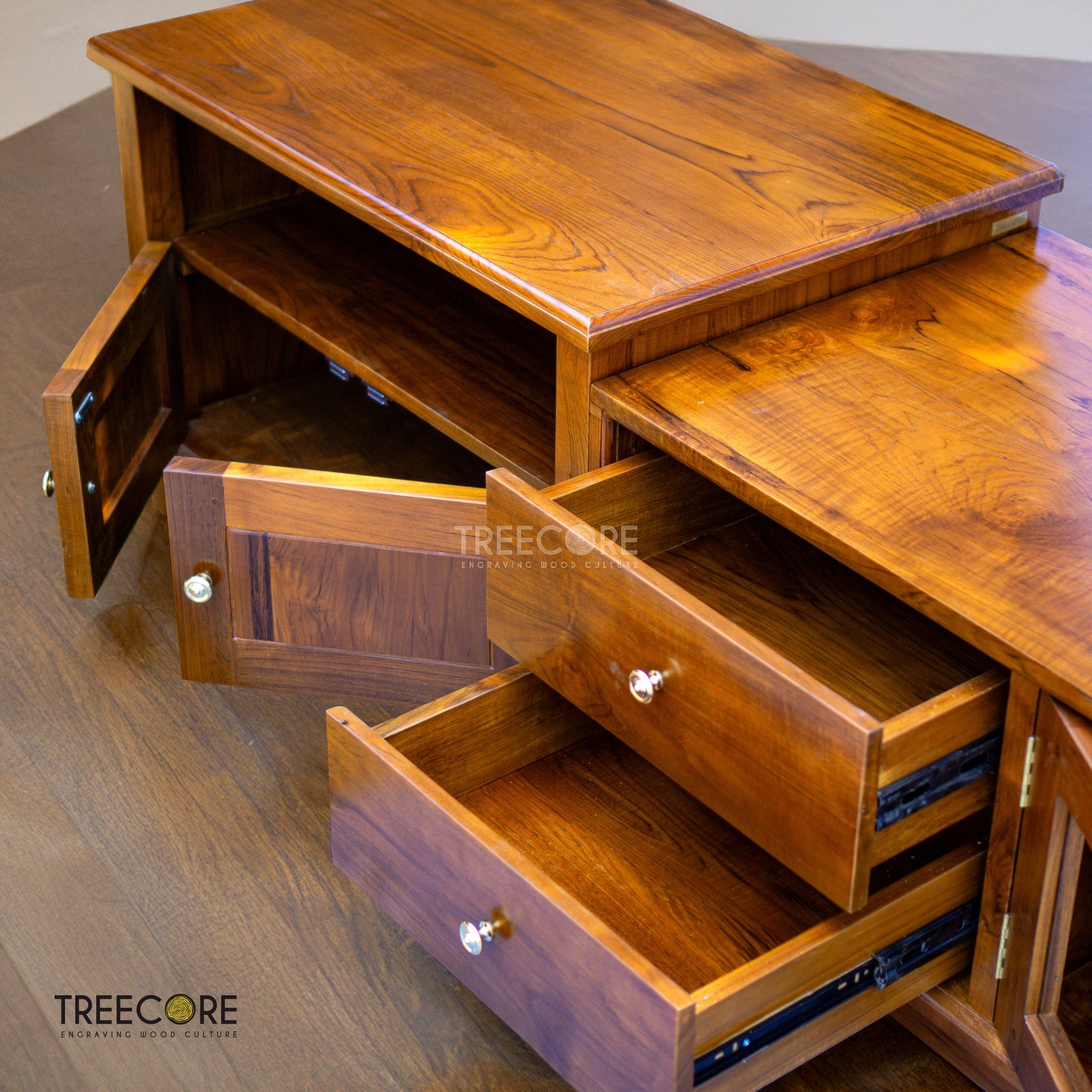 Spacious Wooden TV Table with Multiple Storage Drawers and Elegant Design