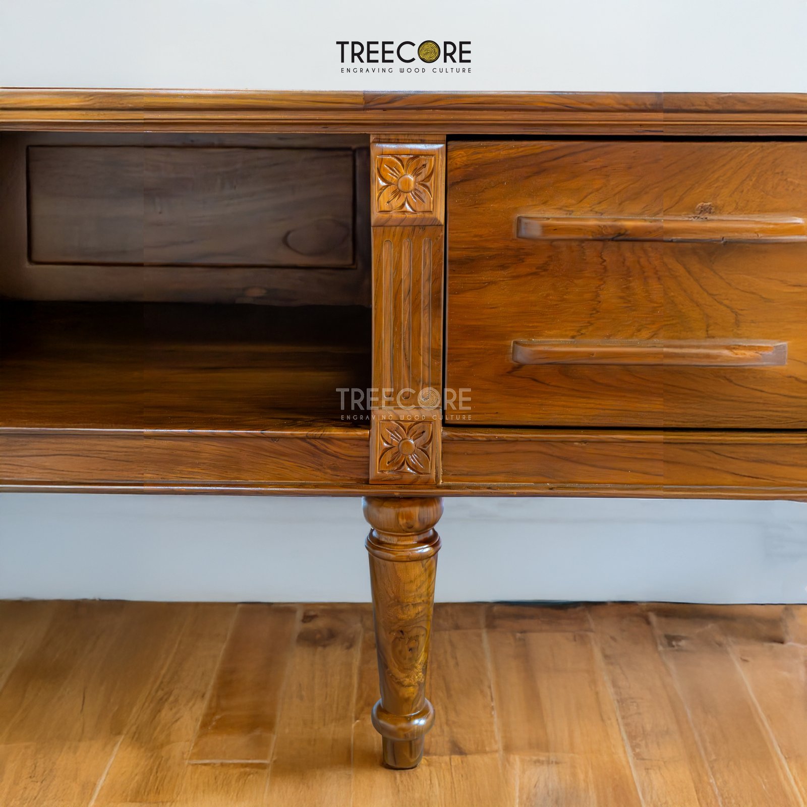 Elegant Wooden TV Table with Storage Drawers and Decorative Turned Legs