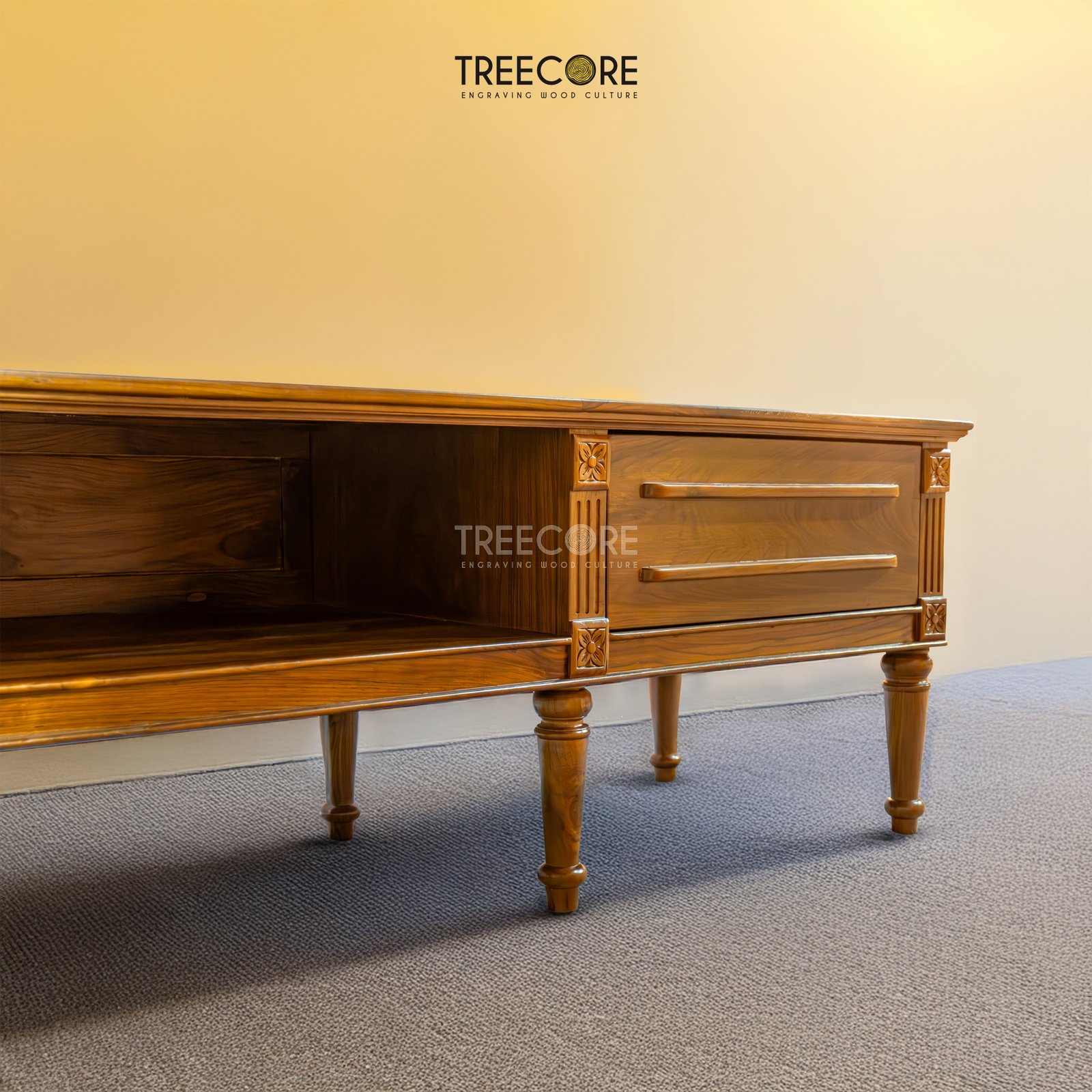 Elegant Wooden TV Table with Storage Drawers and Decorative Turned Legs