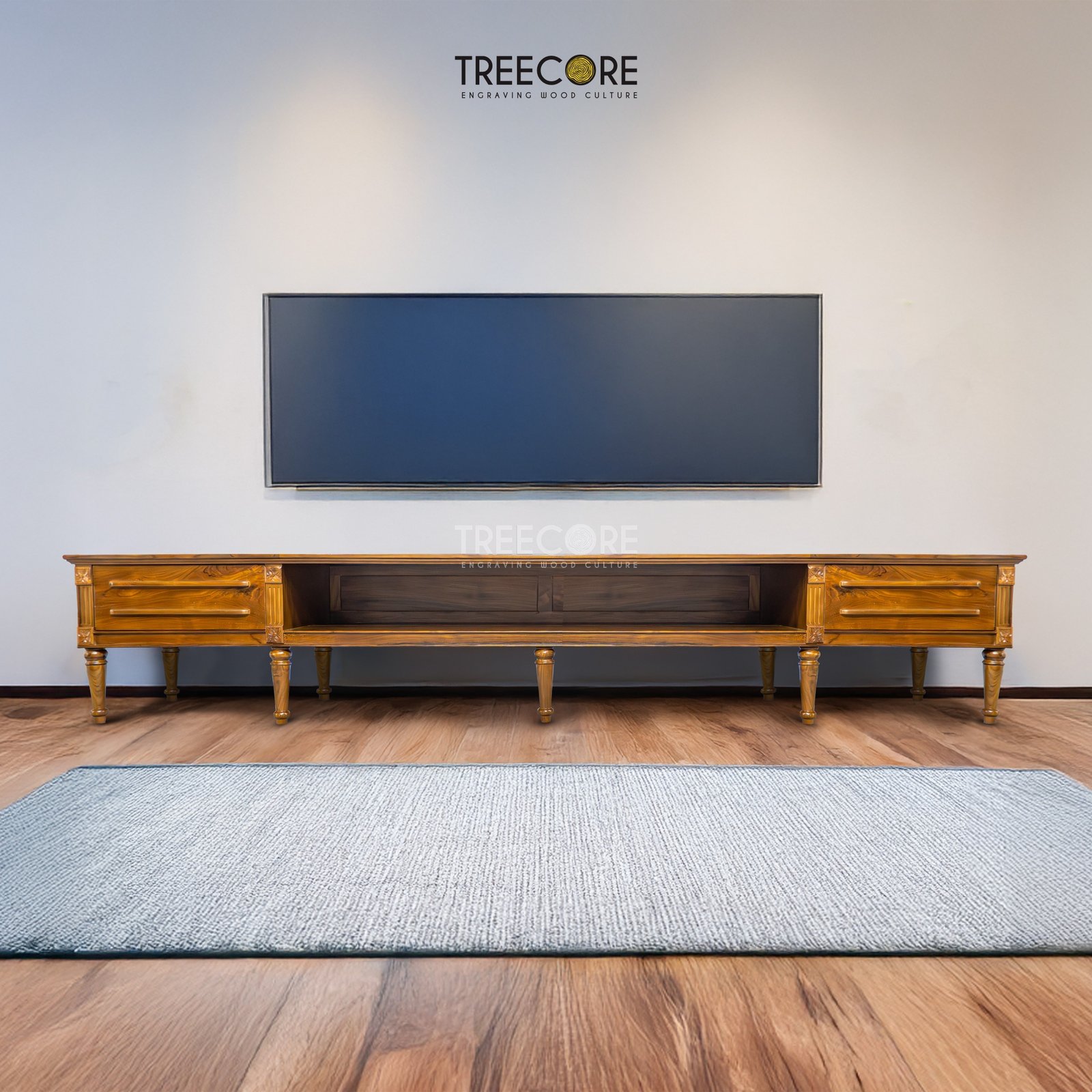 Elegant Wooden TV Table with Storage Drawers and Decorative Turned Legs
