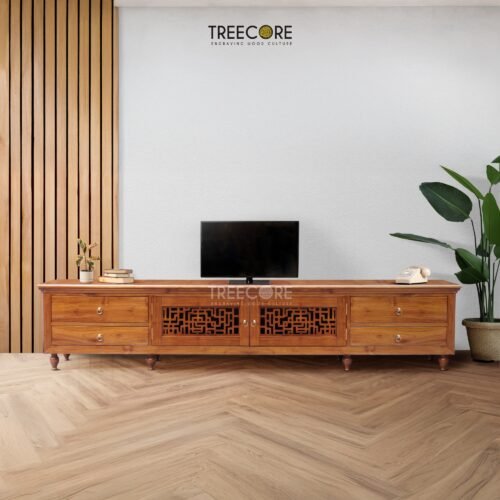 Charming Wooden TV Cabinet with Carved Drawer and Ample Storage
