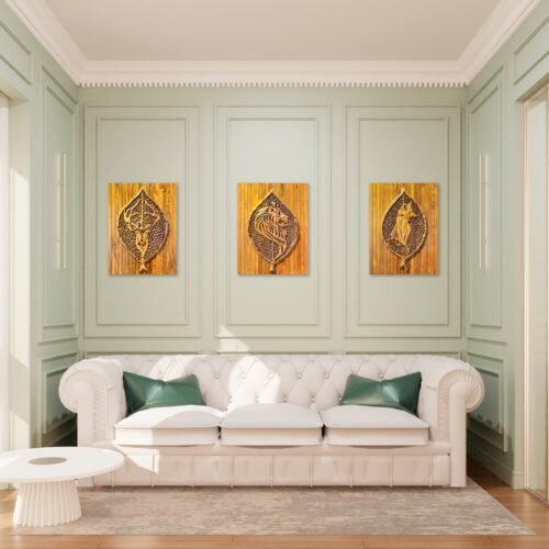 Wooden Wall Art Set – Deer, Lion, and Wolf