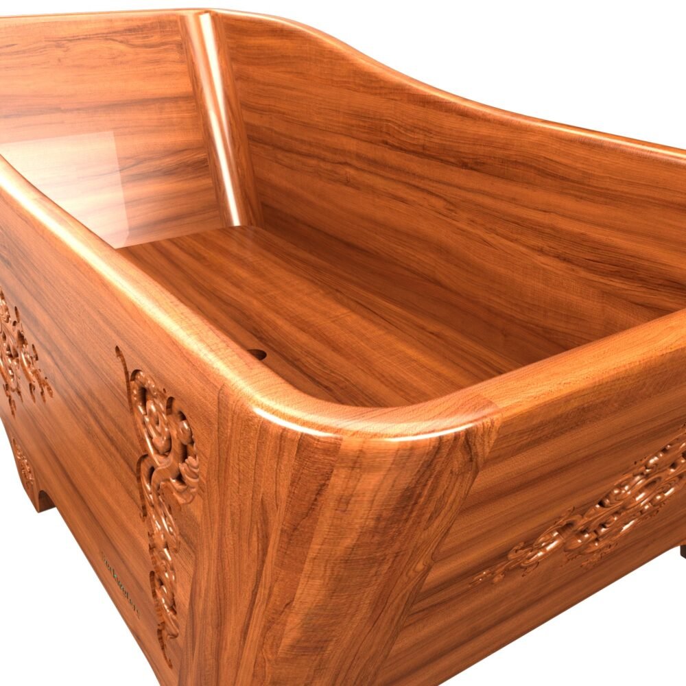 Teak wood carved bathtub, durable, water-resistant, and luxurious—perfect as a statement piece for unique, nature-inspired bathrooms.