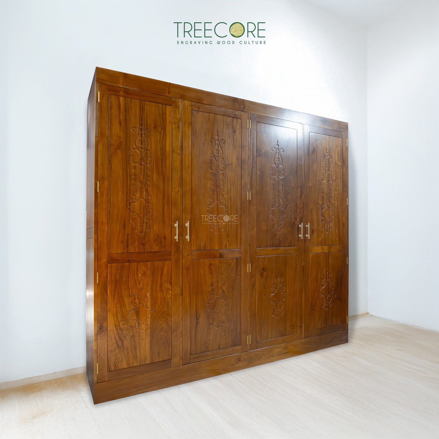 Spacious 4-Door Wardrobe with Carved Details and Ample Storage