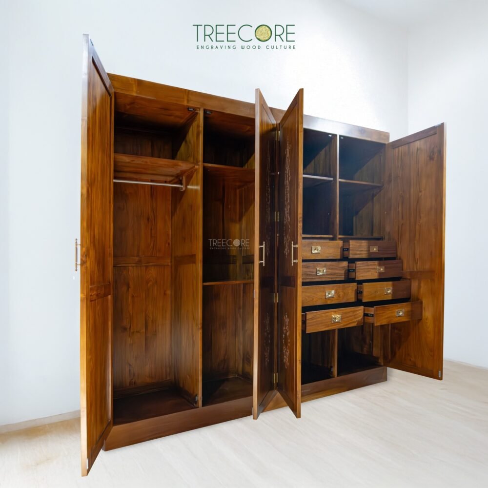 Spacious 4-Door Wardrobe with Carved Details and Ample Storage