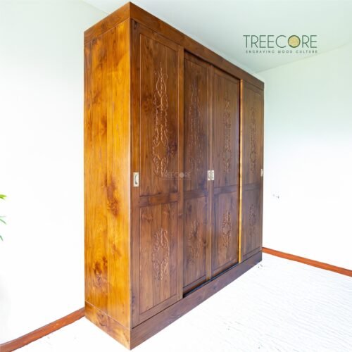 Wooden 4-Door Wardrobe with Sliding Doors and Carved Details