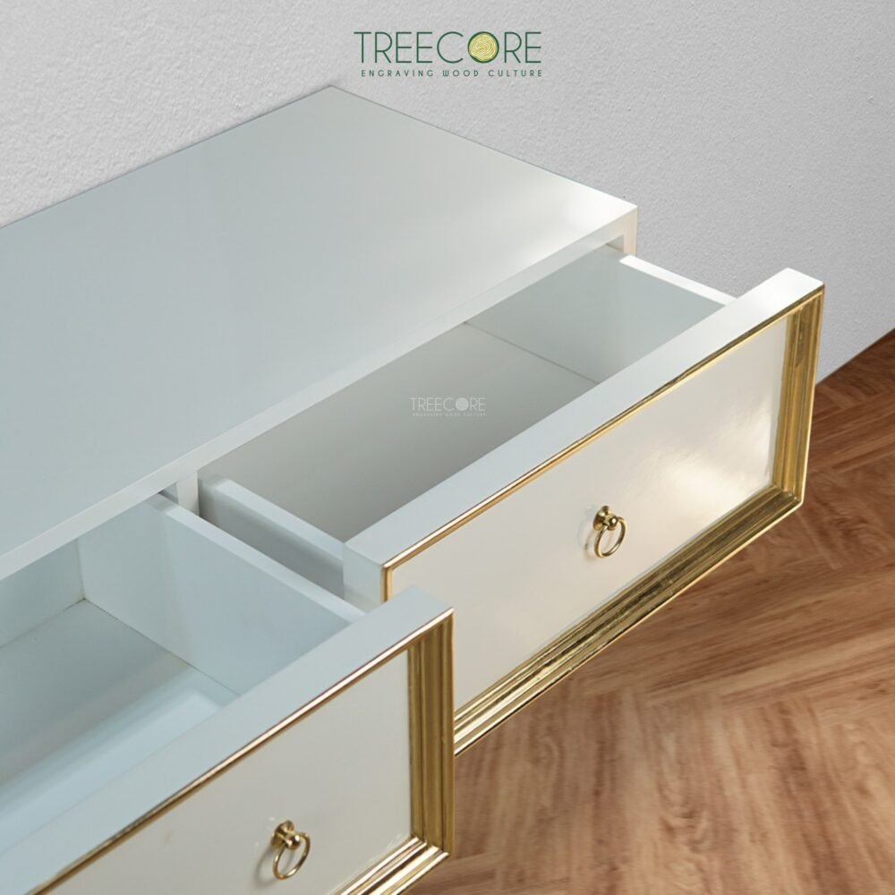 Luxurious Floating Wooden Console with Gold Accents and Four Drawers