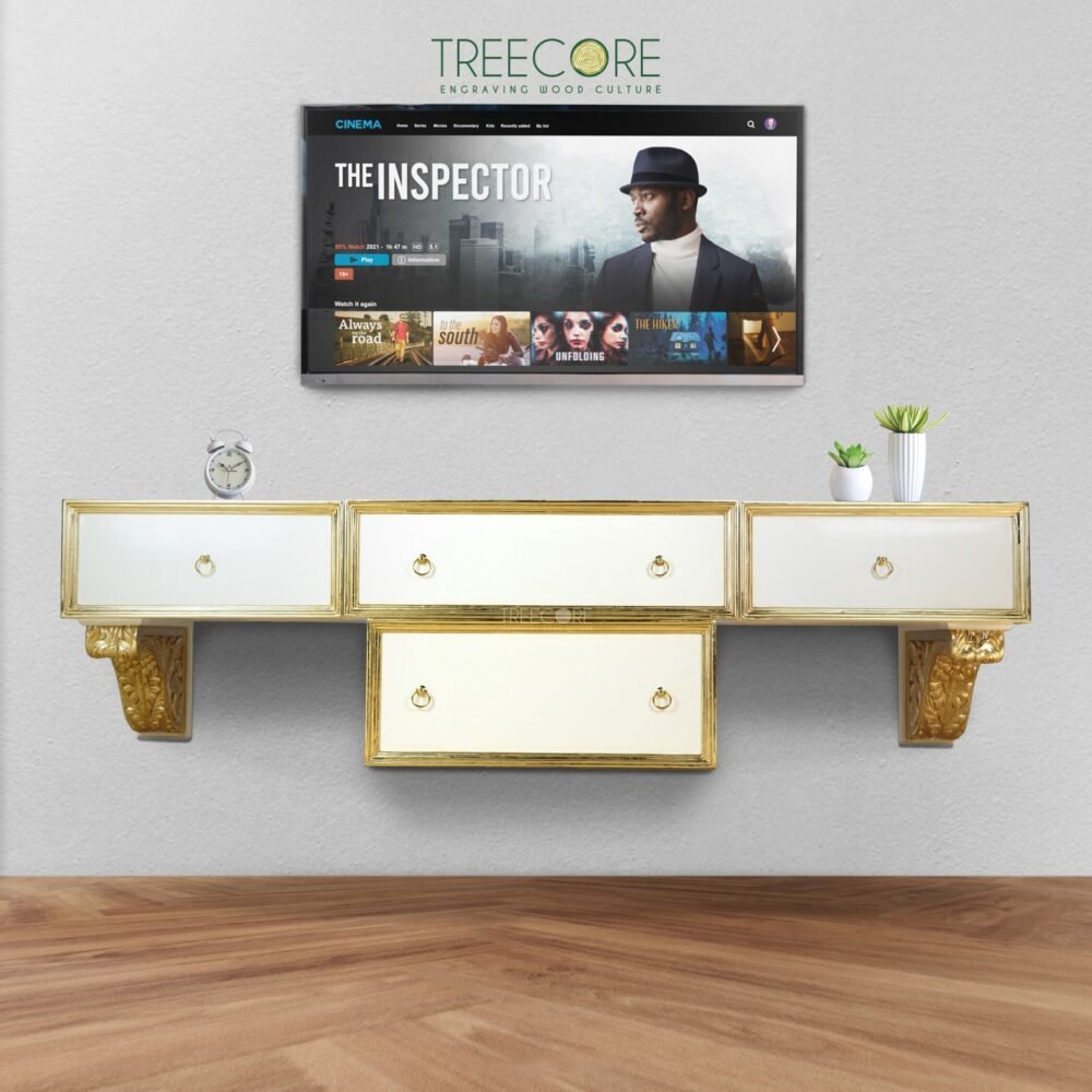 Luxurious Floating Wooden Console with Gold Accents and Four Drawers