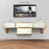 Luxurious Floating Wooden Console with Gold Accents and Four Drawers