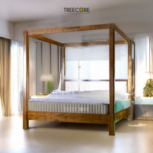 Minimalist Canopied Bed with Rattan Warmth