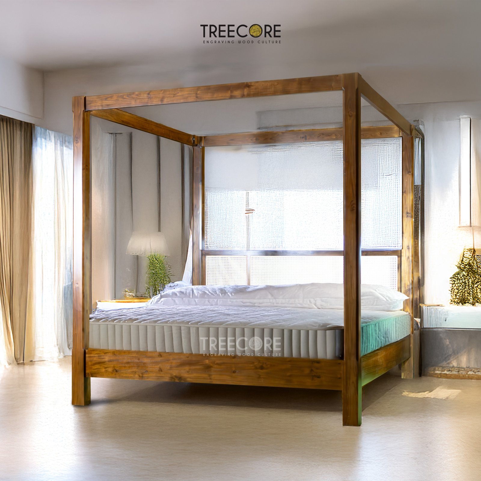 Wood & Weave: Minimalist Canopied Bed with Rattan Warmth