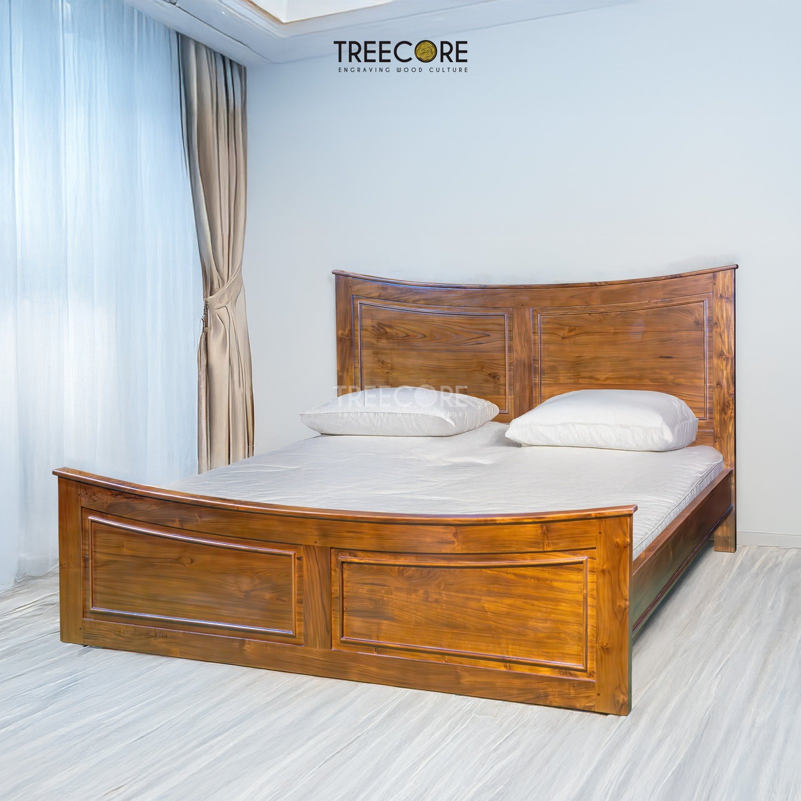 Curva Minimalist Wooden Bed with Elegant Headboard and Footboard