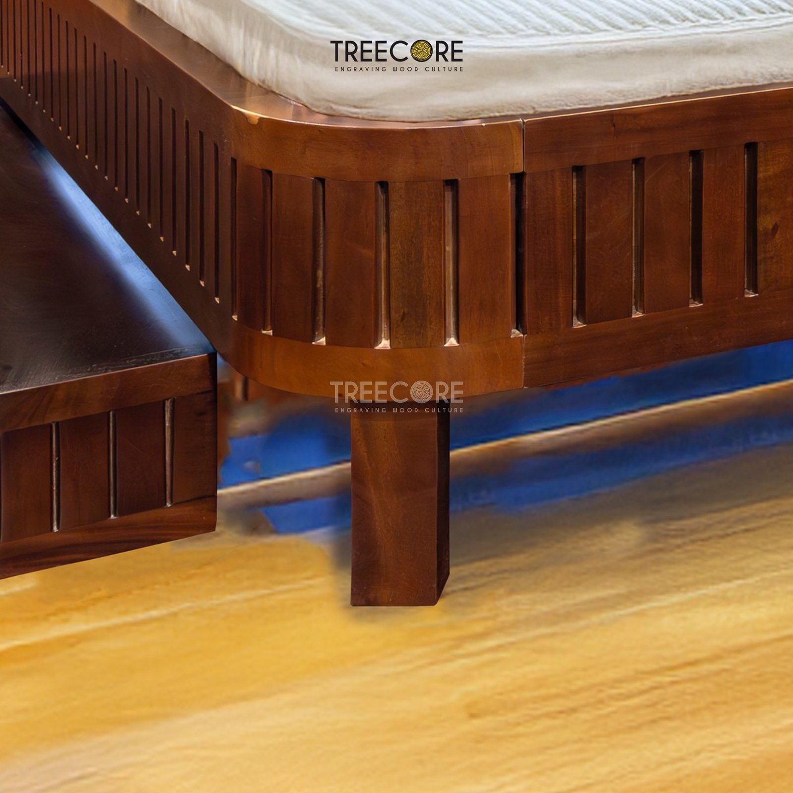 Sleek Modern Wooden Bed with Curved Headboard and Integrated Step
