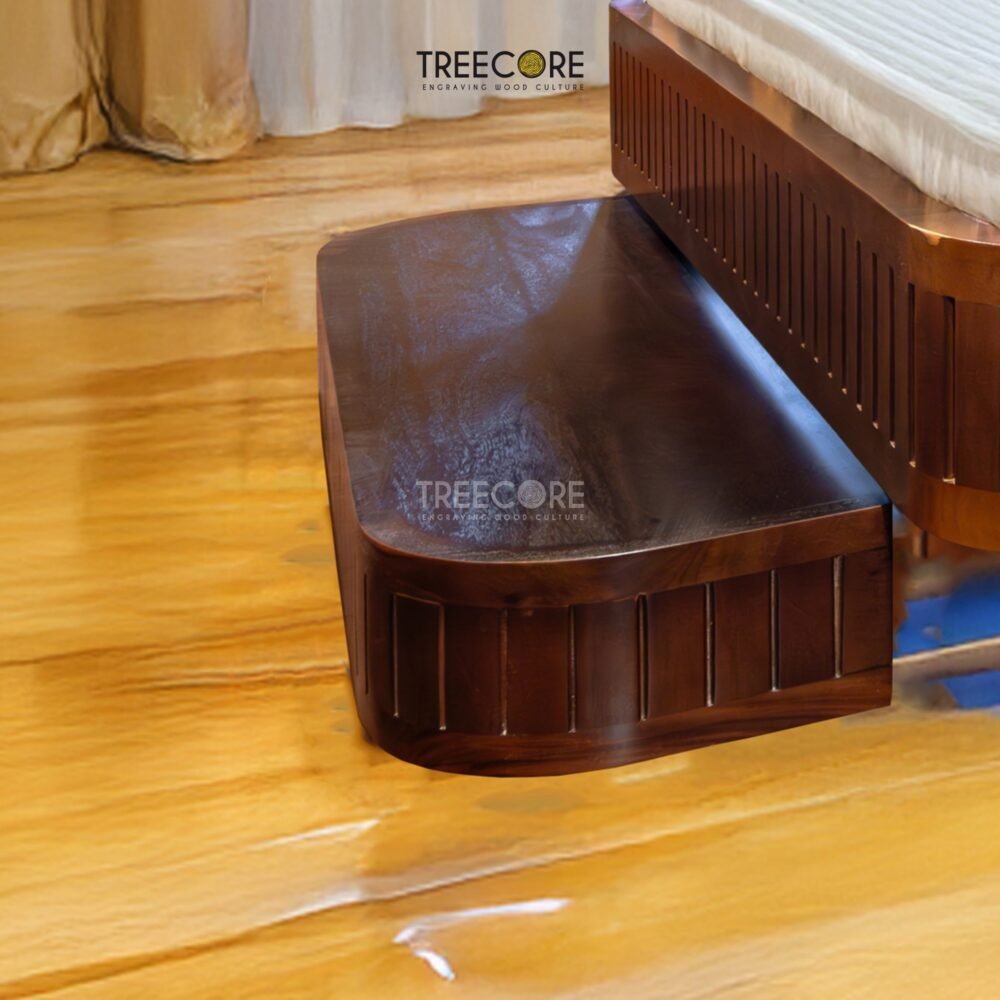 Sleek Modern Wooden Bed with Curved Headboard and Integrated Step