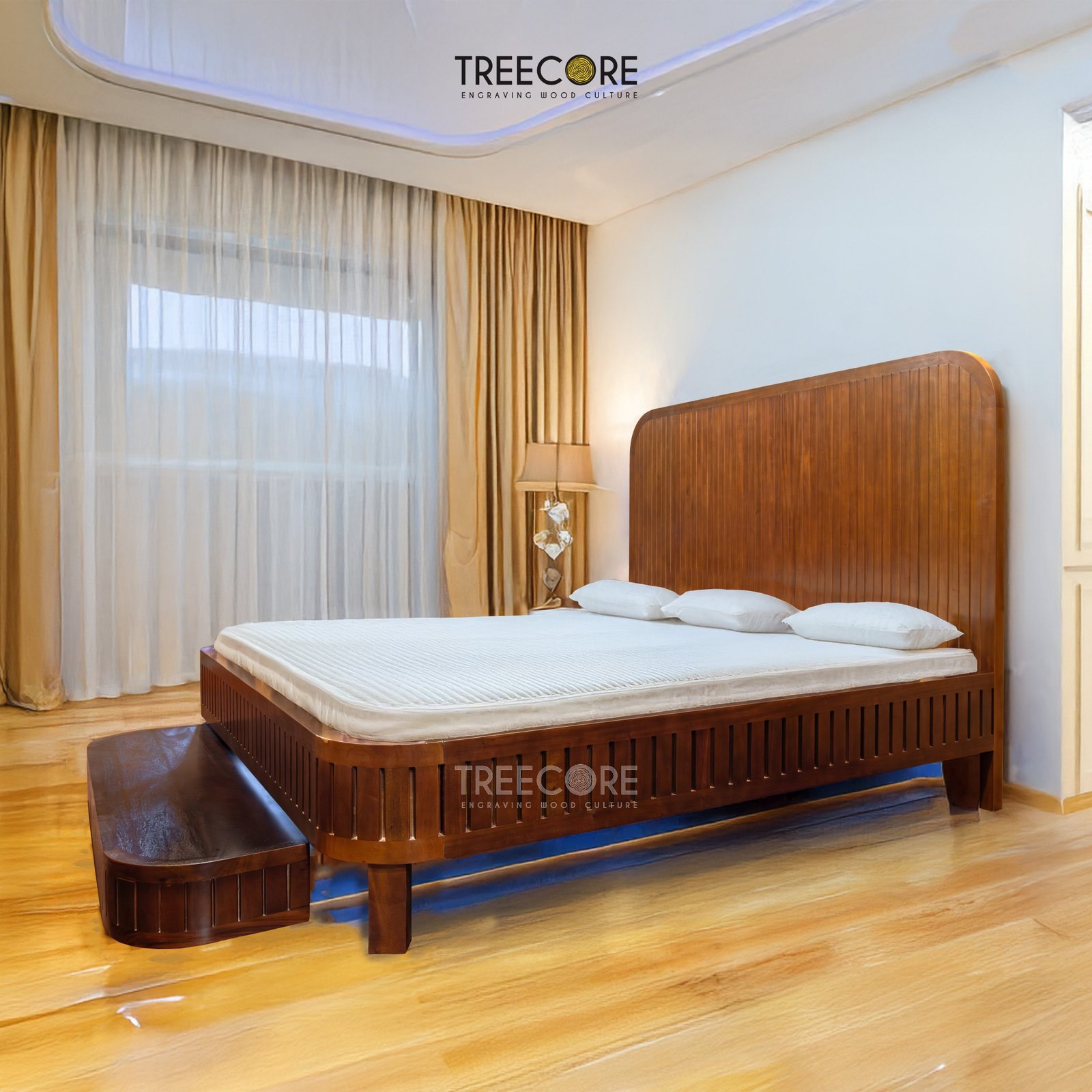 Sleek Modern Wooden Bed with Curved Headboard and Integrated Step