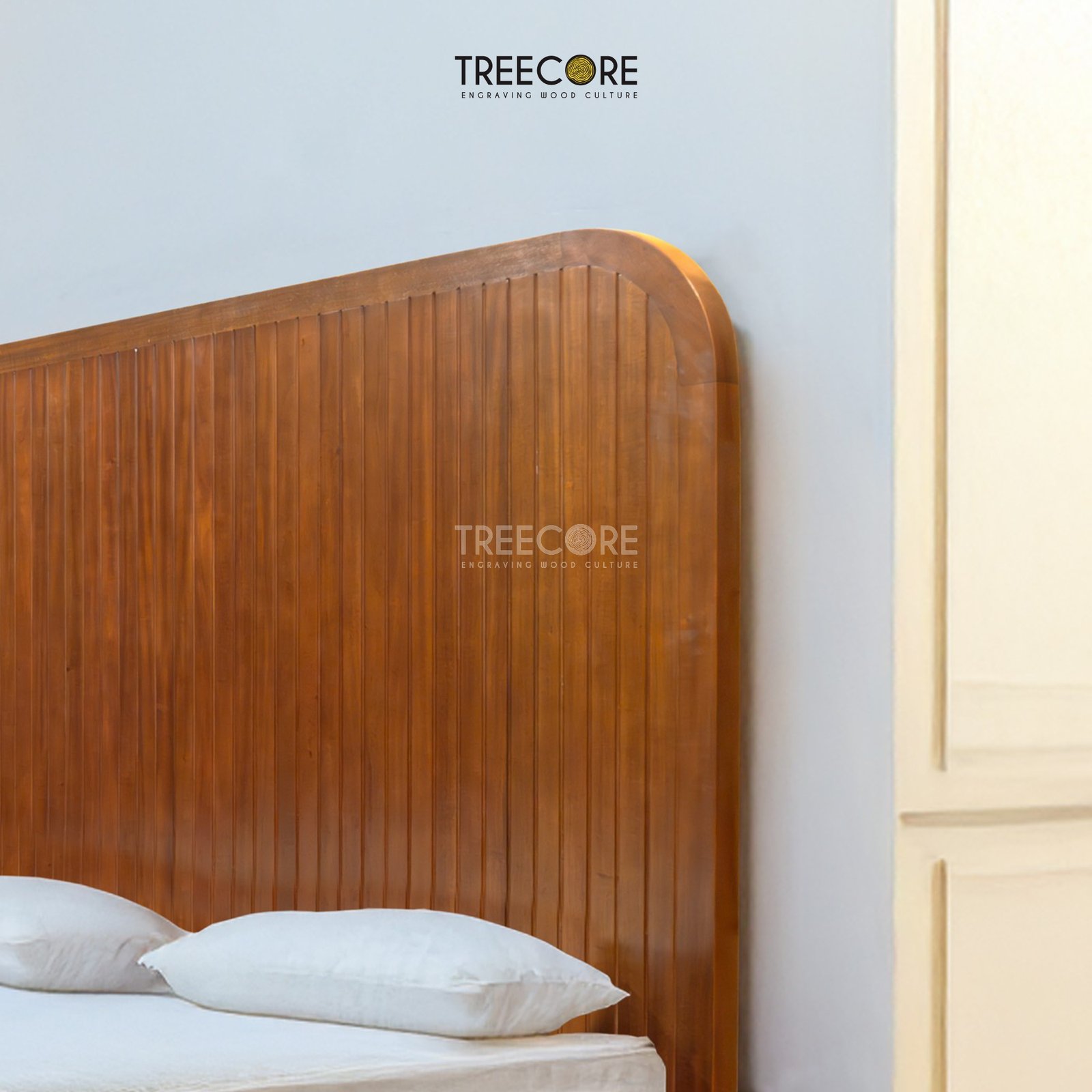 Sleek Modern Wooden Bed with Curved Headboard and Integrated Step