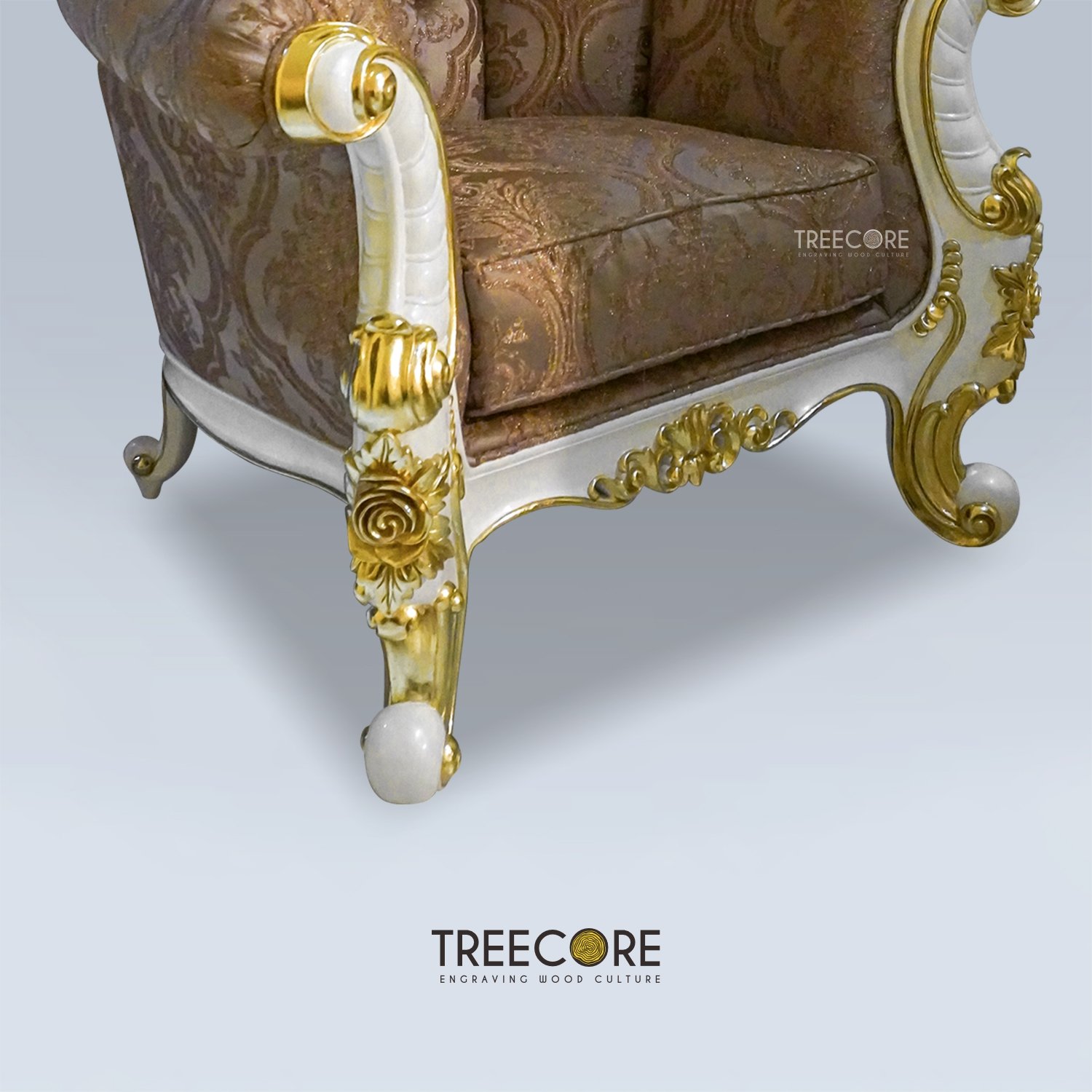 Charming Classic White Chair with Gold Carvings and Plush Seating