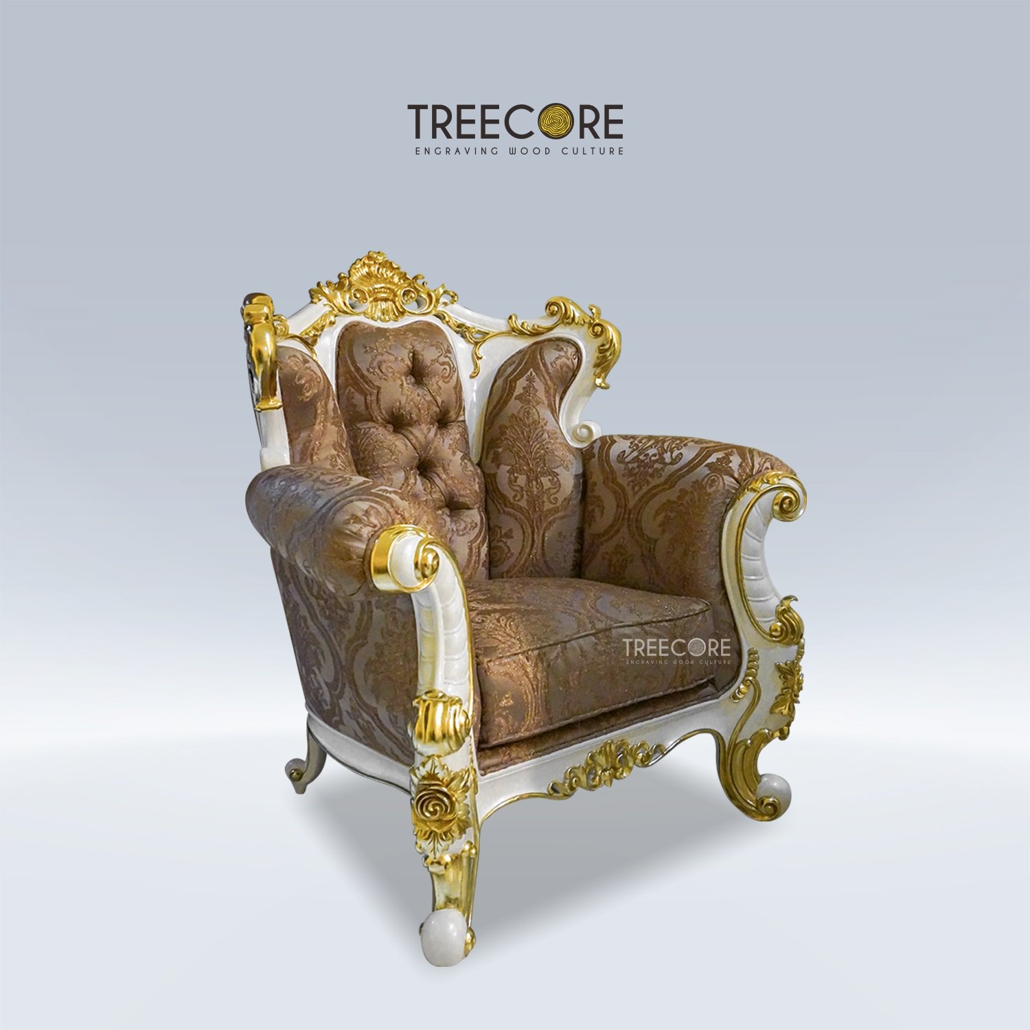 Charming Classic White Chair with Gold Carvings and Plush Seating