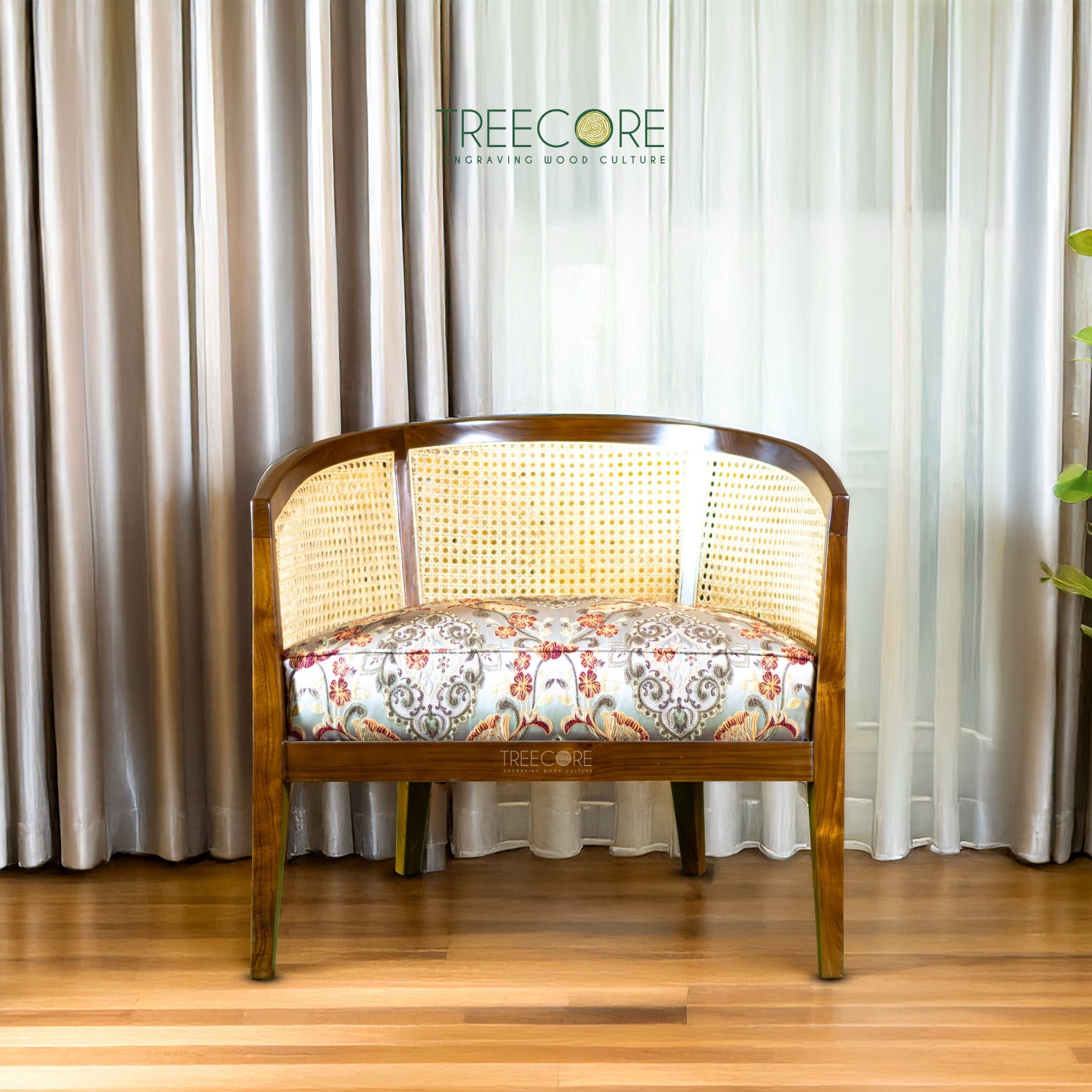 Handcrafted Wooden Armchair with Elegant Rattan Details