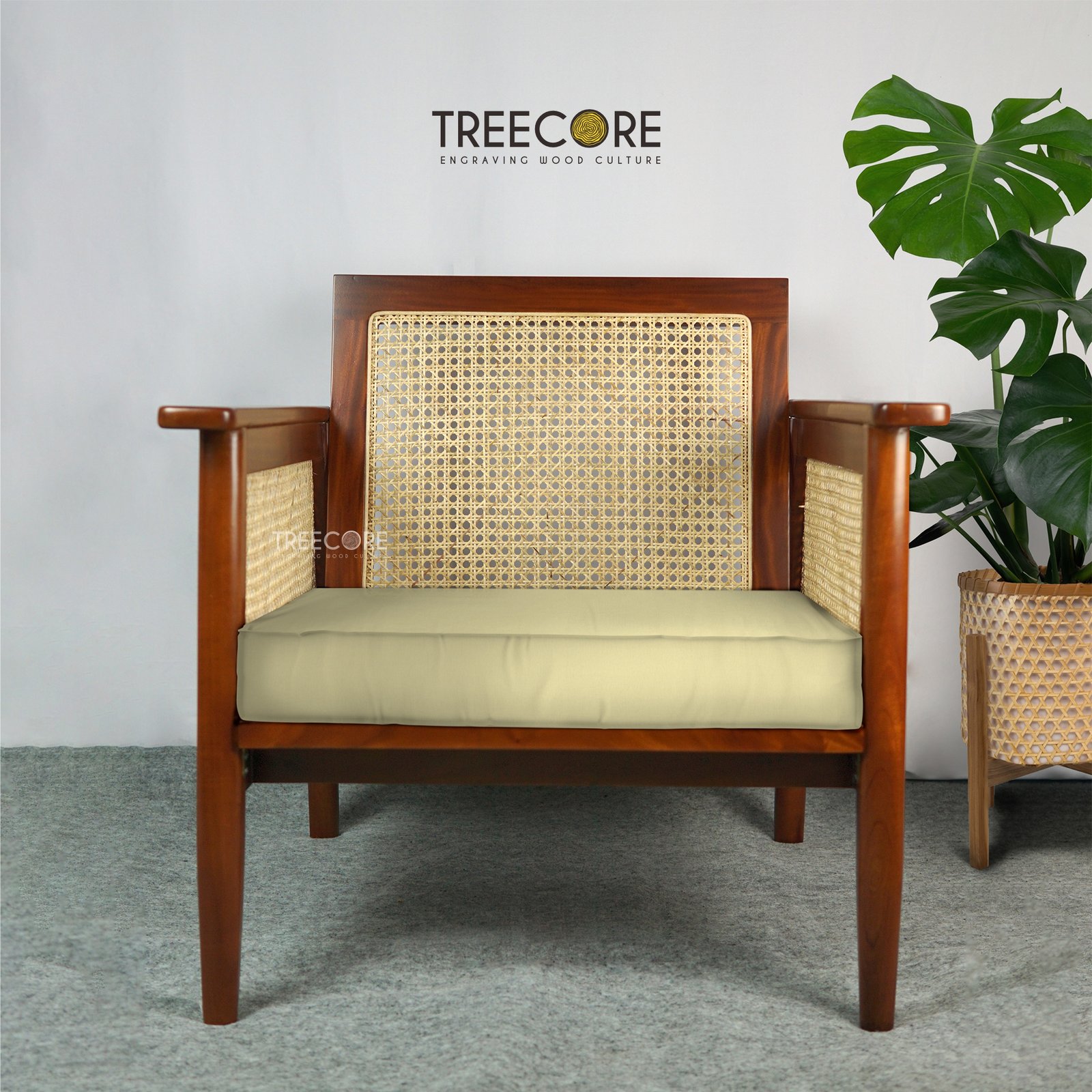 Wooden Chair with Foam Seat and Rattan Backrest