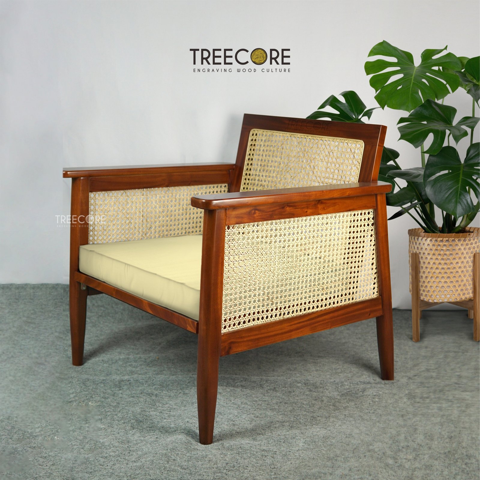 Wooden Chair with Foam Seat and Rattan Backrest