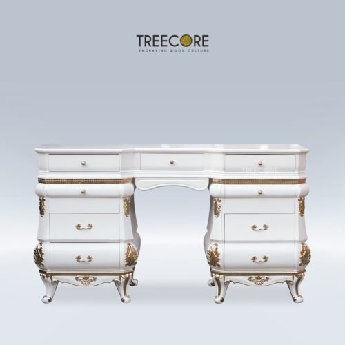 Refined Wooden Dressing Table with Gold Carvings and Ample Storage