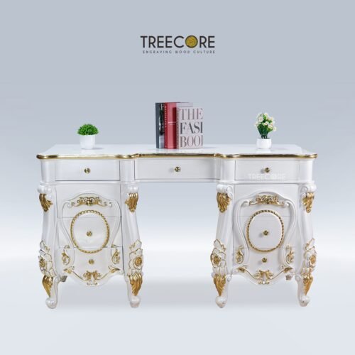 Classic Wooden Dressing Table with White Finish and Elegant Gold Carvings