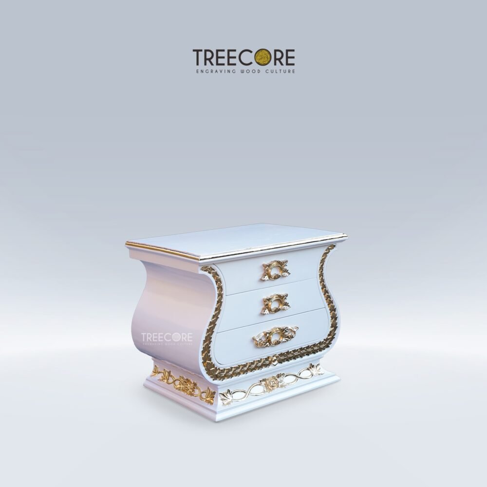 Beautiful White Wooden Nightstand with Gold Carvings and Spacious Drawers
