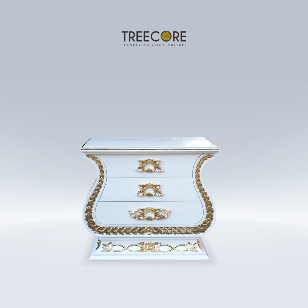 Beautiful White Wooden Nightstand with Gold Carvings and Spacious Drawers