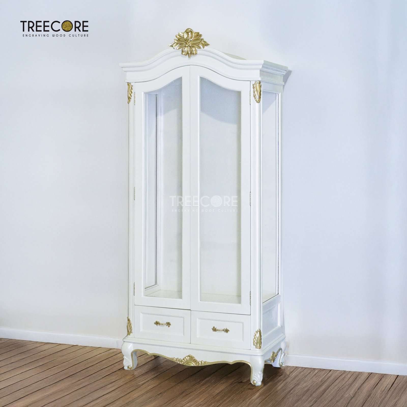 Wooden Display Cabinet with Double Glass Doors and Elegant Carved Details