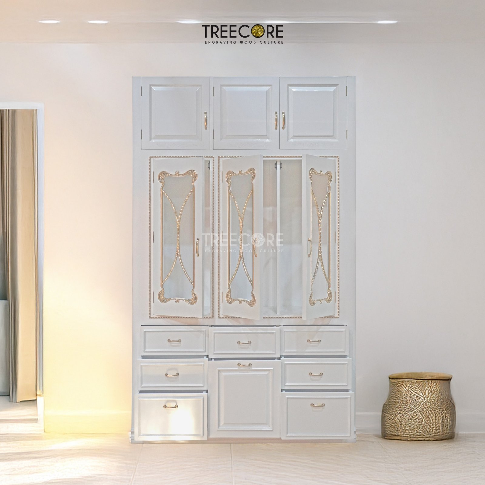 Luxurious Wooden Display Cabinet with Gold Carvings and Elegant Glazed Doors