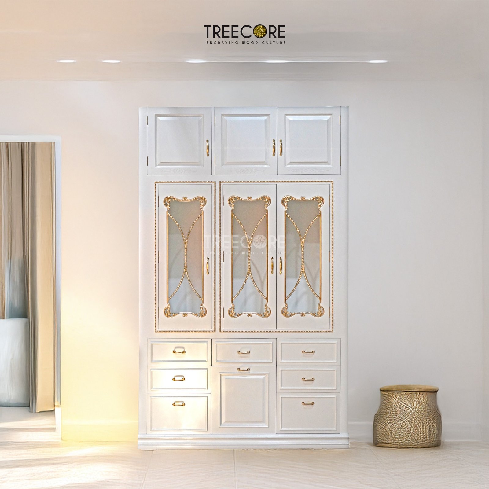Luxurious Wooden Display Cabinet with Gold Carvings and Elegant Glazed Doors