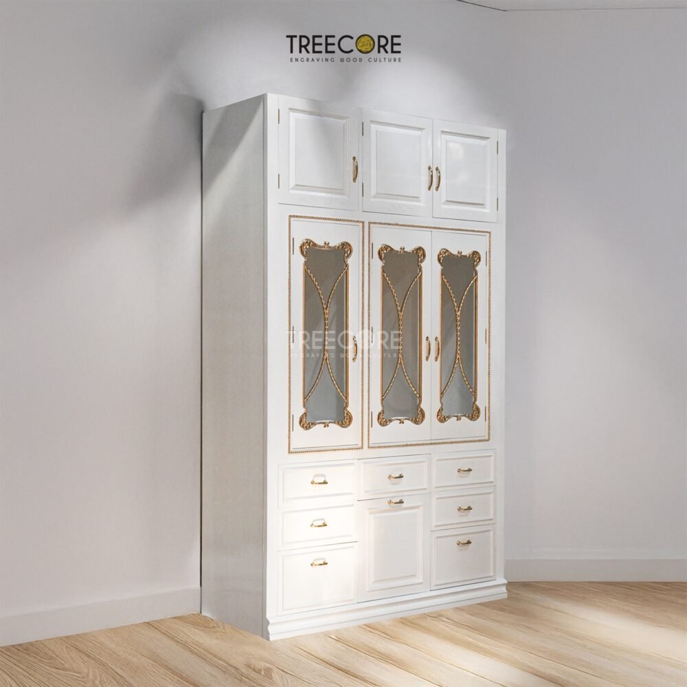Storage-14-2809506d Luxurious Wooden Display Cabinet with Gold Carvings and Elegant Glazed Doors