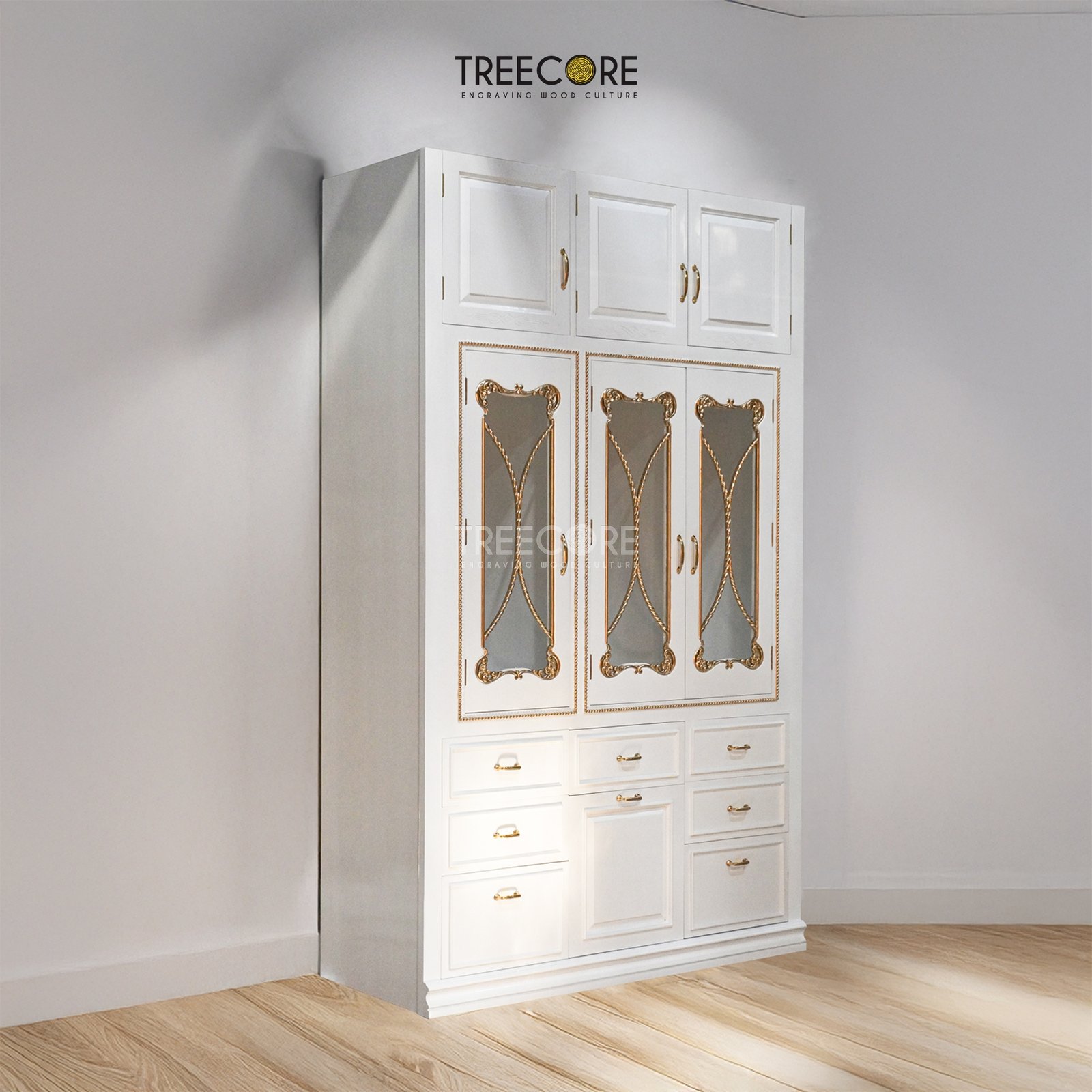 Luxurious Wooden Display Cabinet with Gold Carvings and Elegant Glazed Doors