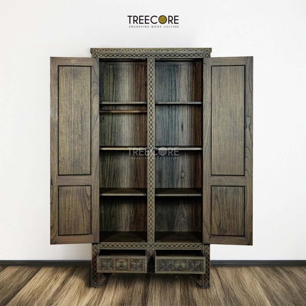 Vintage-Style Wooden Wardrobe with Intricate Hand-Carved Details