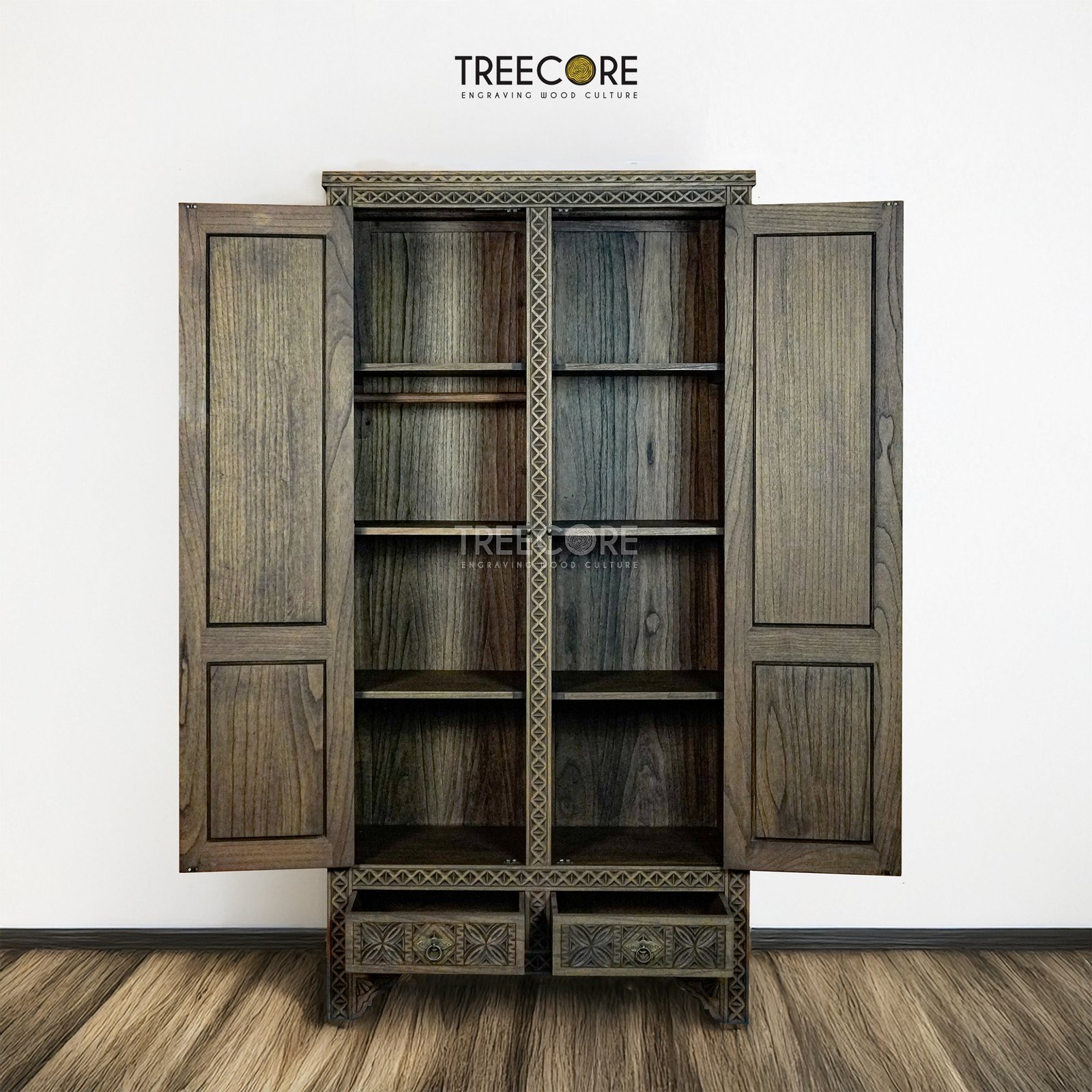 Vintage-Style Wooden Wardrobe with Intricate Hand-Carved Details