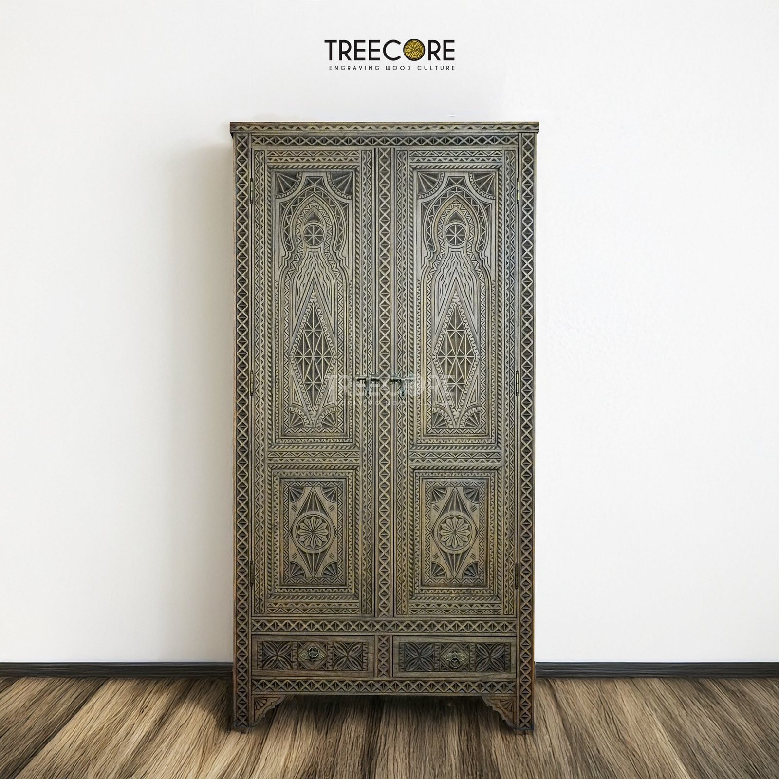 Vintage-Style Wooden Wardrobe with Intricate Hand-Carved Details