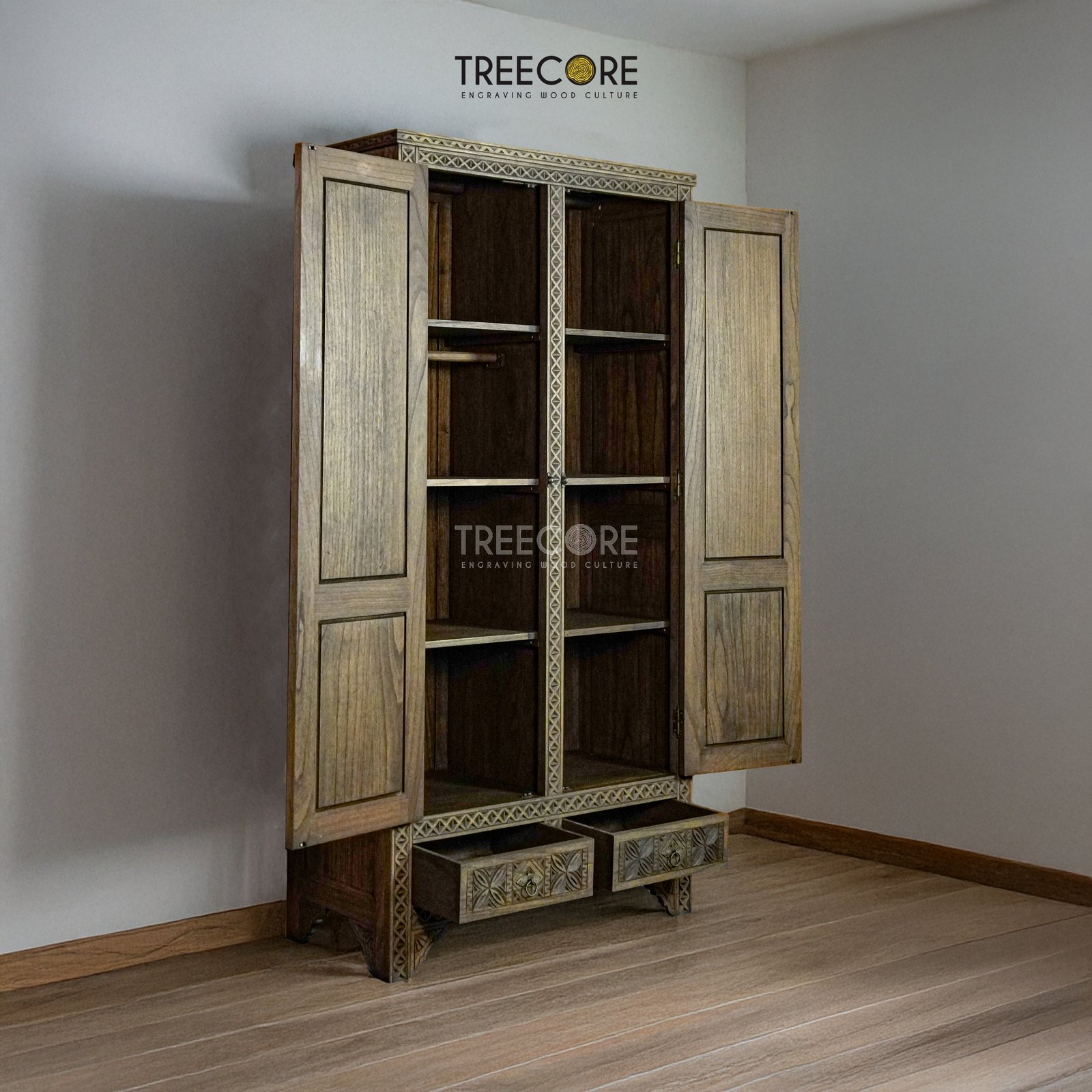 Vintage-Style Wooden Wardrobe with Intricate Hand-Carved Details