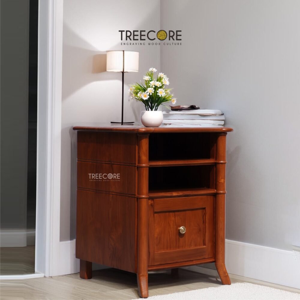 Sturdy Wooden Bedside Table with Open and Closed Drawers