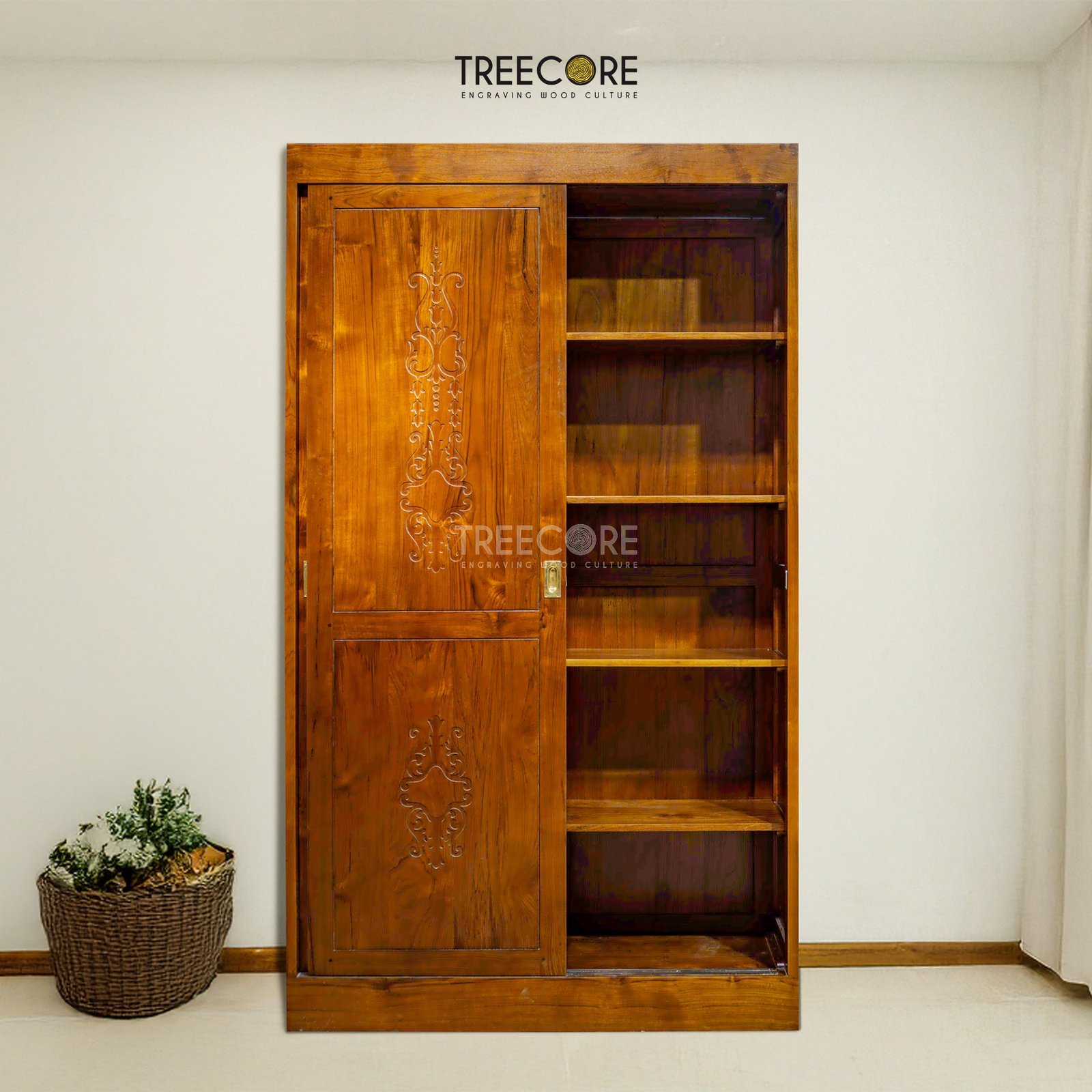 Wooden 2-Door Wardrobe with Sliding Doors and Carved Details