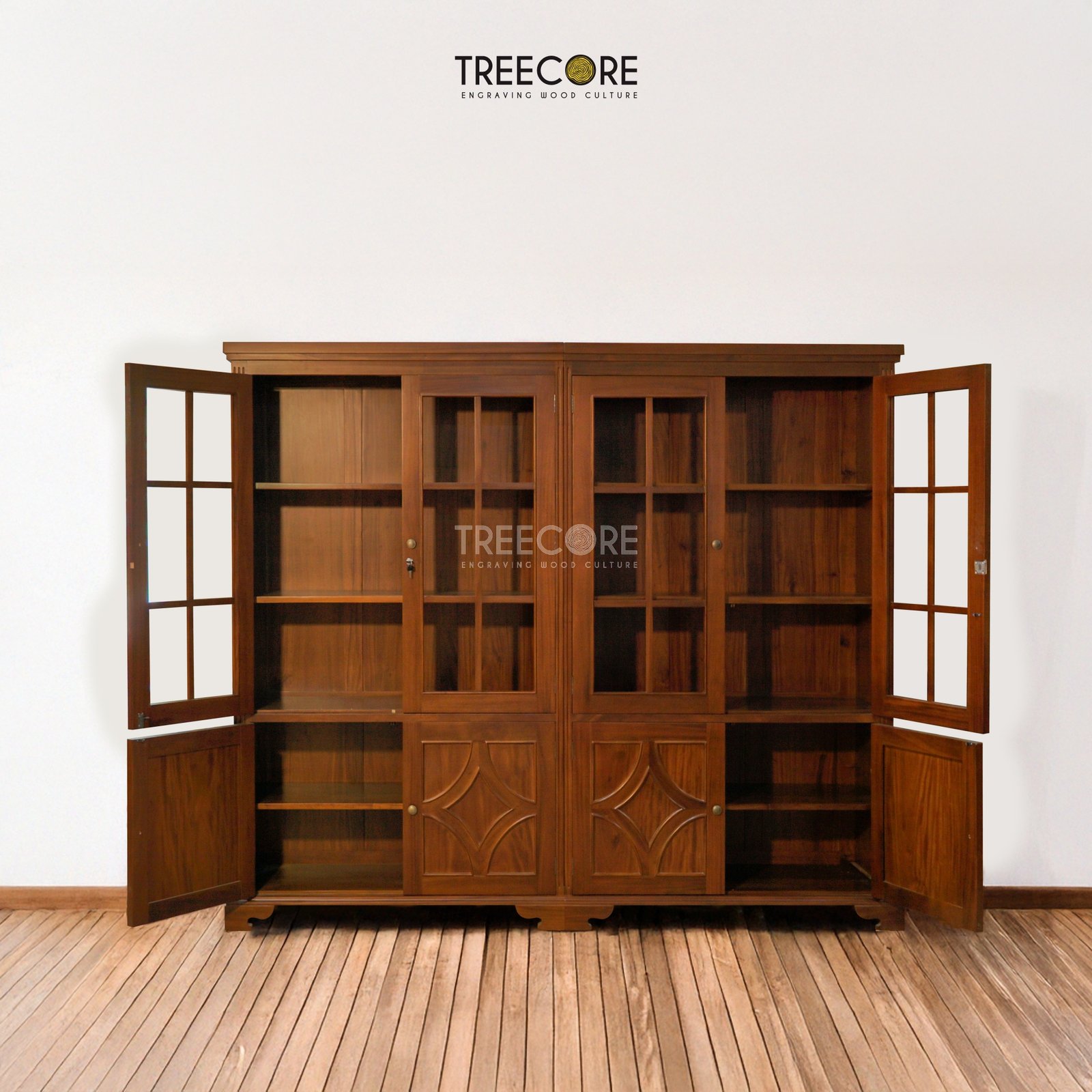 Solid Wood Display Cabinet with Checkered Glass Doors and Storage Drawers