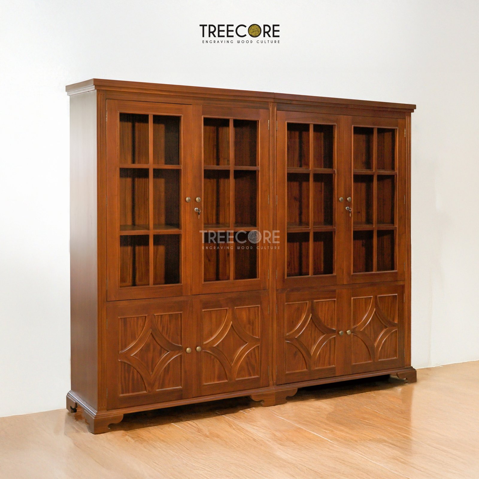 Solid Wood Display Cabinet with Checkered Glass Doors and Storage Drawers
