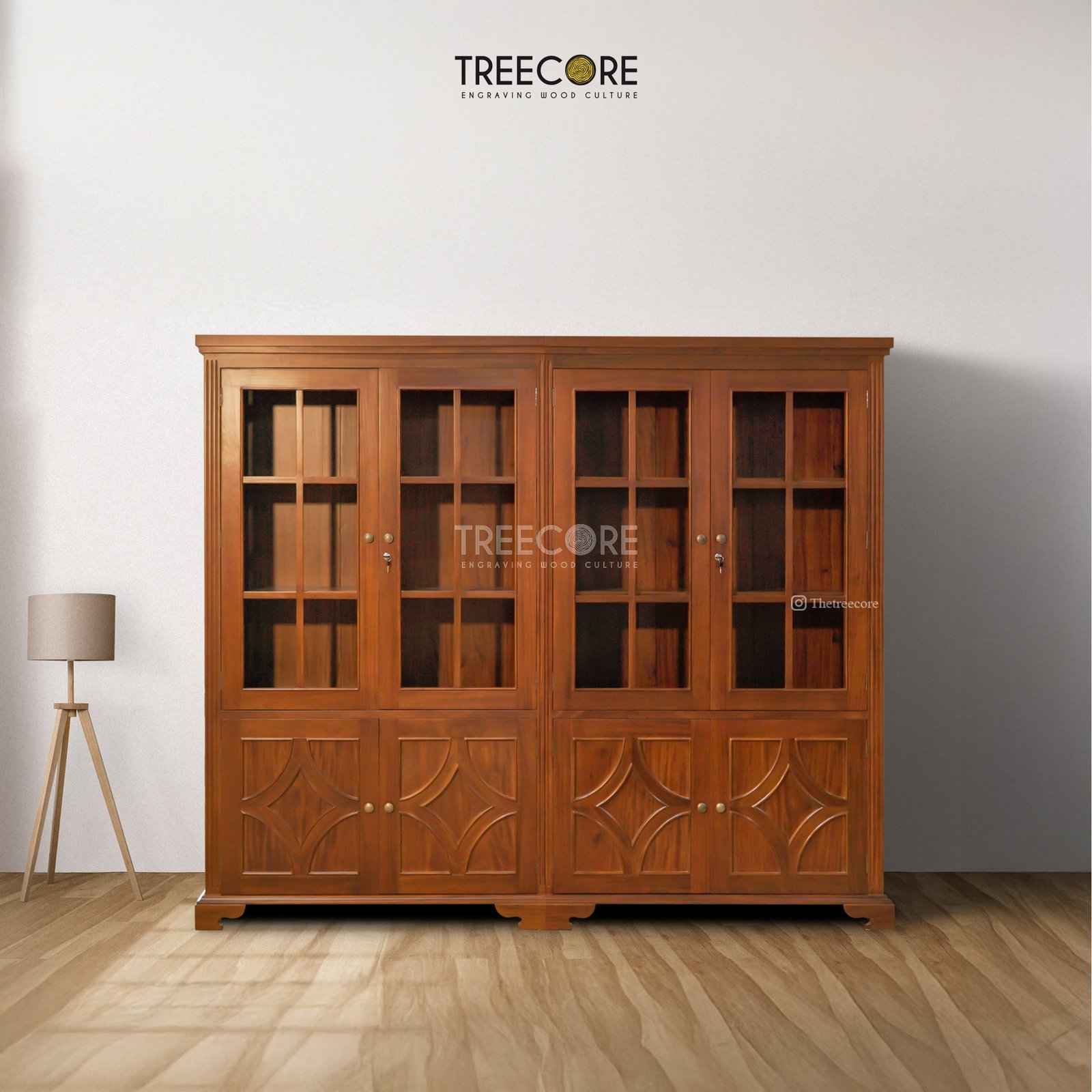 Solid Wood Display Cabinet with Checkered Glass Doors and Storage Drawers