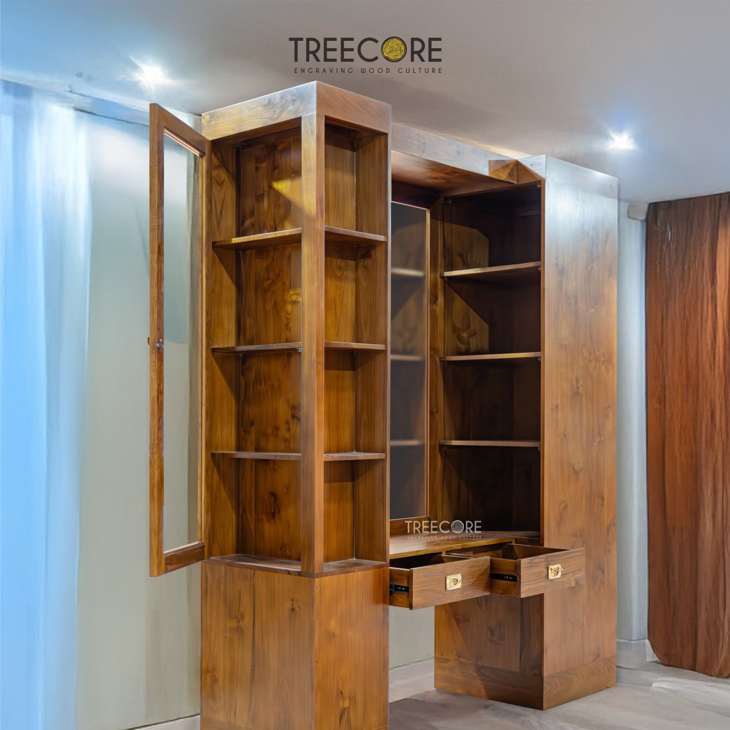 Modern Wooden Dressing Table with Glass and Open Storage Options
