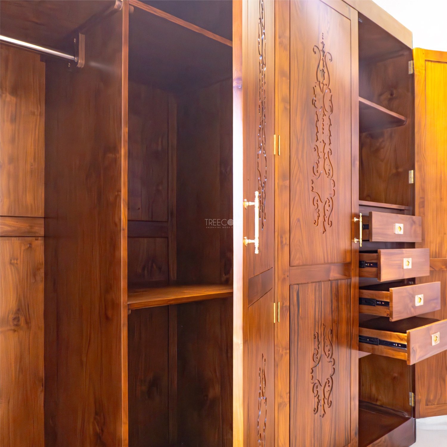 Extended 4-Door Wardrobe with Carvings, Drawers, and Expanded Hanging Space