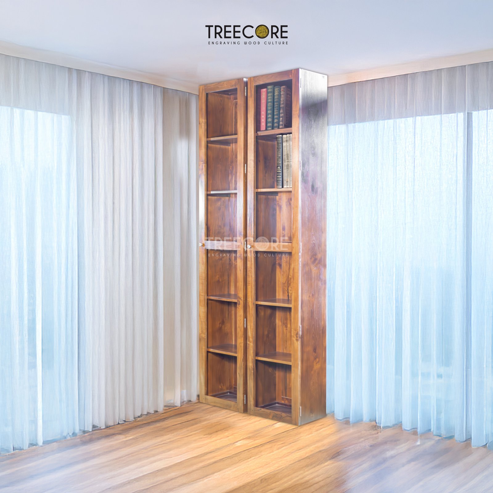 Minimalist Double-Column Bookshelf with Tiered Shelves and Pull Door Storage
