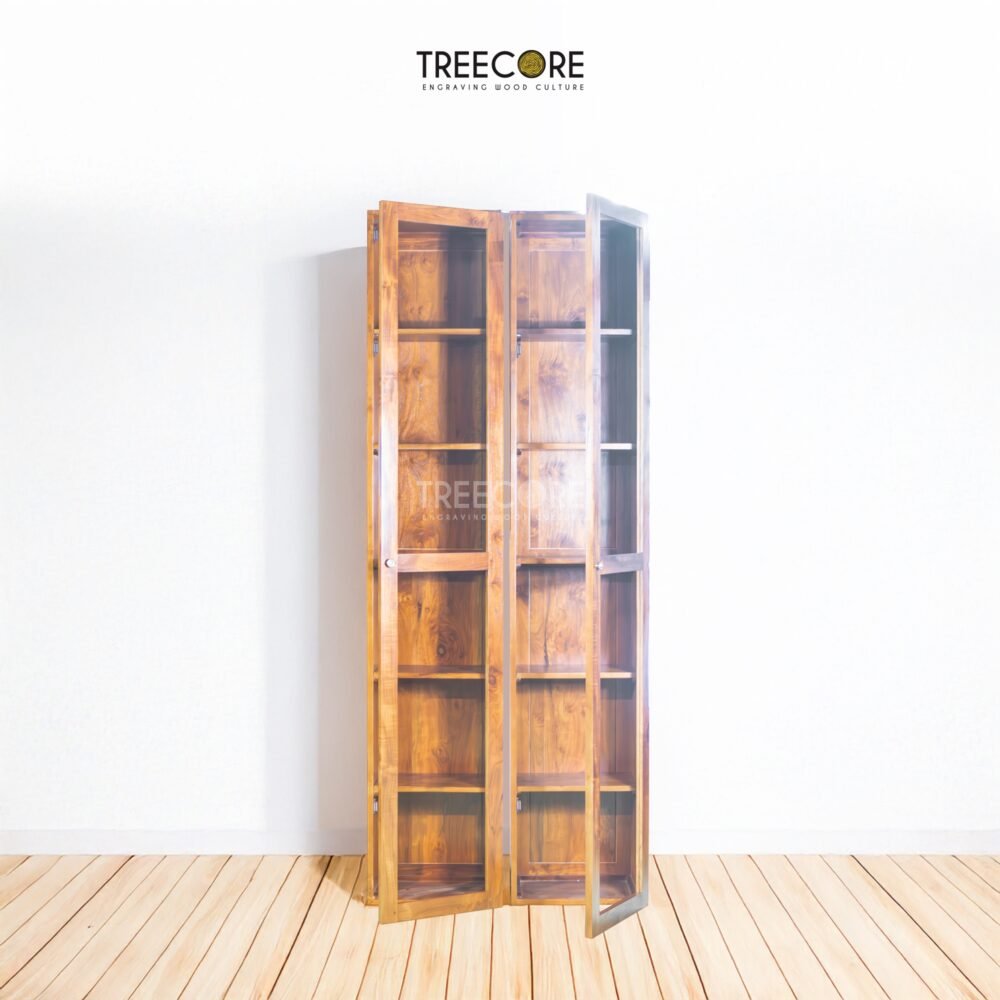 Wooden Minimalist Book Rack with Tiered Shelves and Pull Door Storage