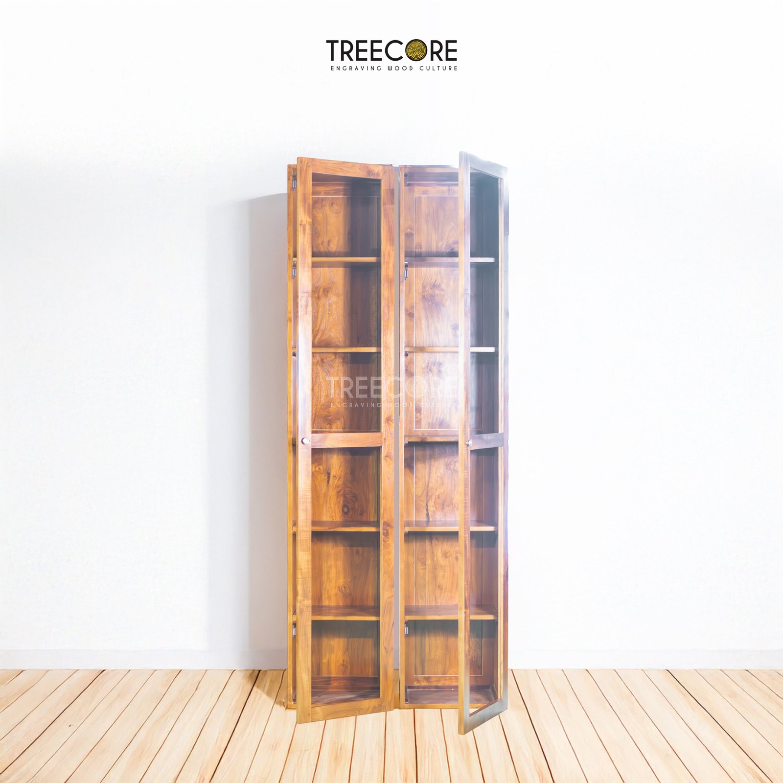 Minimalist Double-Column Bookshelf with Tiered Shelves and Pull Door Storage